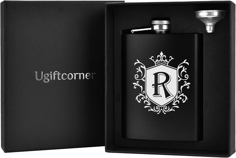 Ugiftcorner Flask for Men with Initials Engraved Stainless Steel Whiskey Hip Flasks for Liquor with Funnel 8 OZ Monogrammed Groomsmen Gifts Personalized Christmas Birthday Dad Gifts for Him Letter R - Image 2